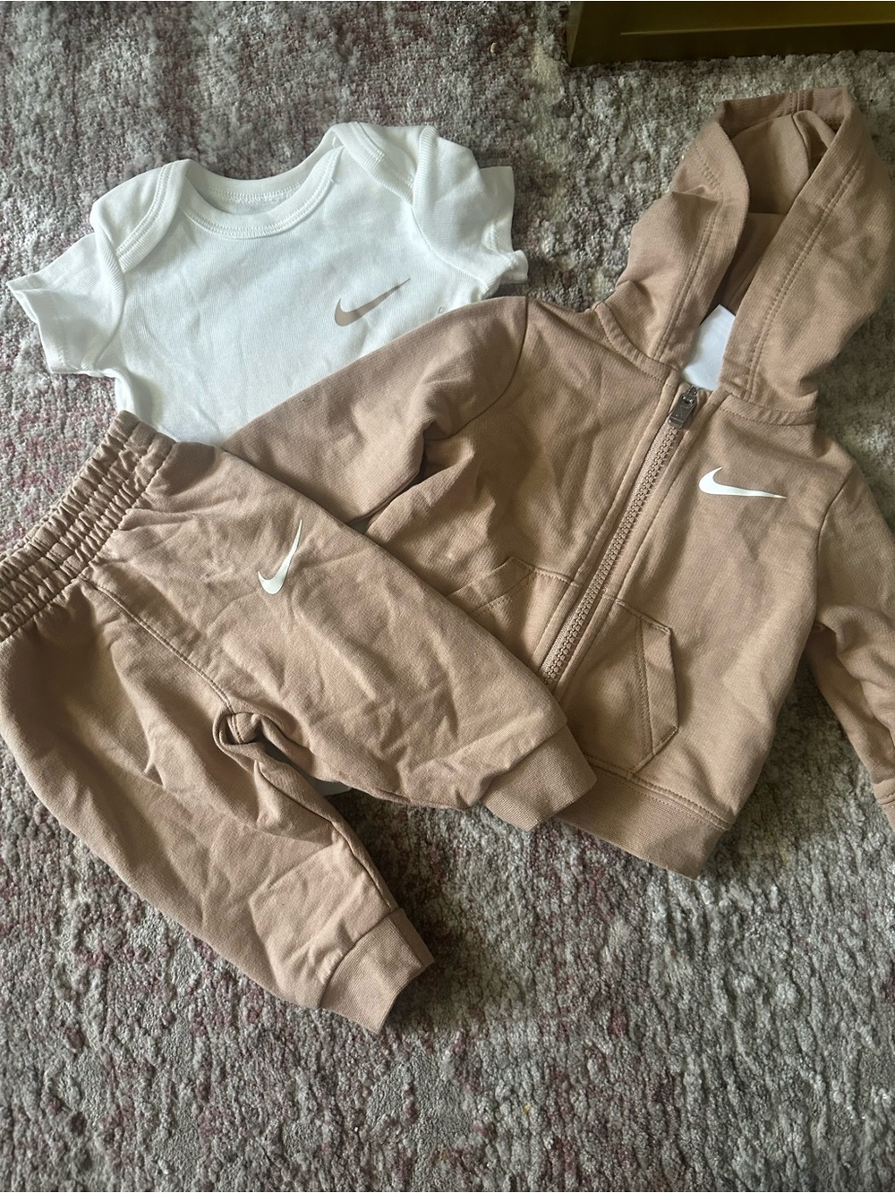 Nike Toddler Tan Hoodie, Joggers & White Onesie Set